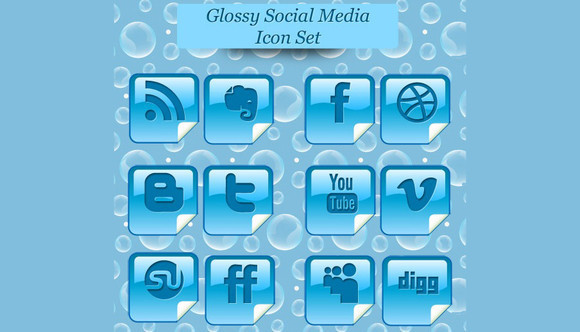Glossy Beautiful Peel Over Social Media Icon Set